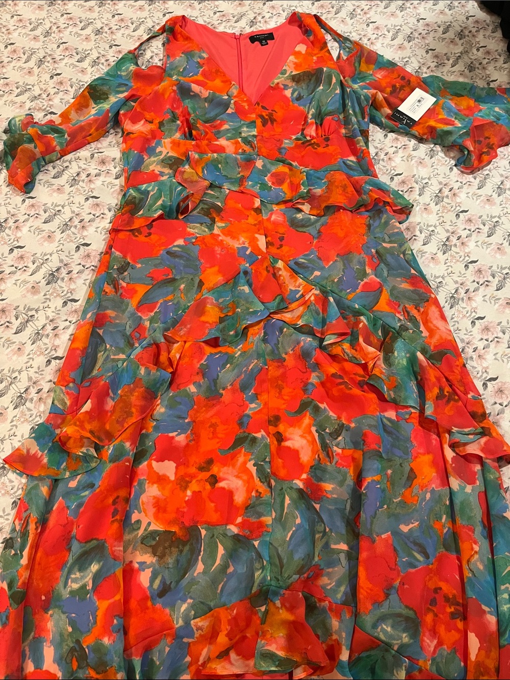 Tahari ASL Coral Multi Floral Long Sleeve Ruffle Maxi Dress